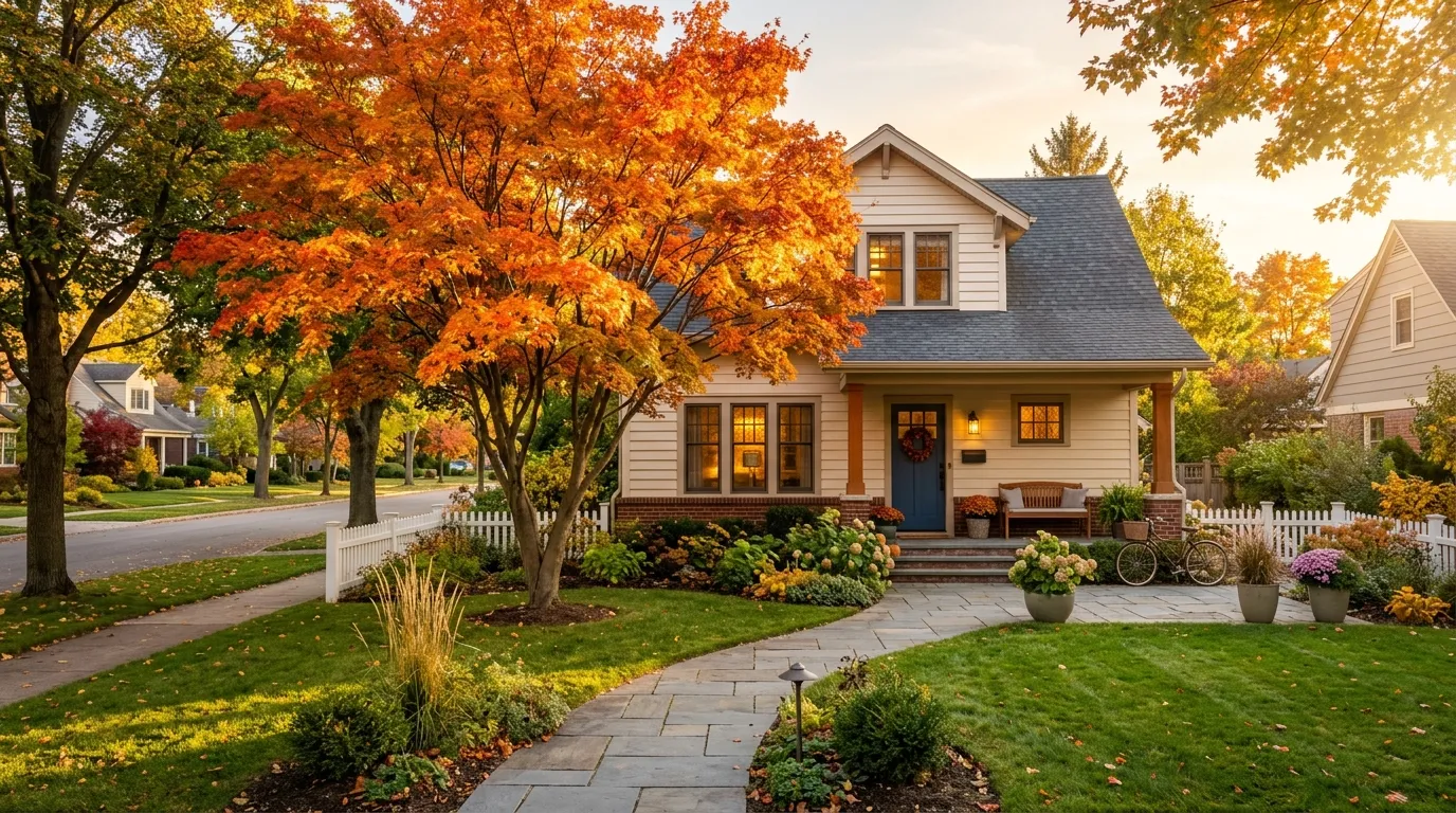 A beautiful, peaceful suburban house with a large maple tree in the front yard