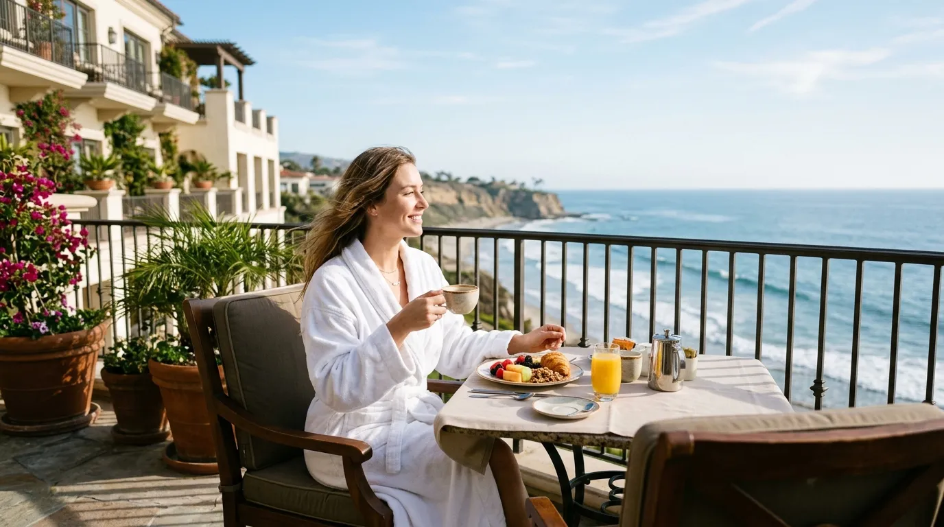 A young woman in a white robe enjoying a quiet breakfast on a sunlit hotel terrace overlooking the ocean.