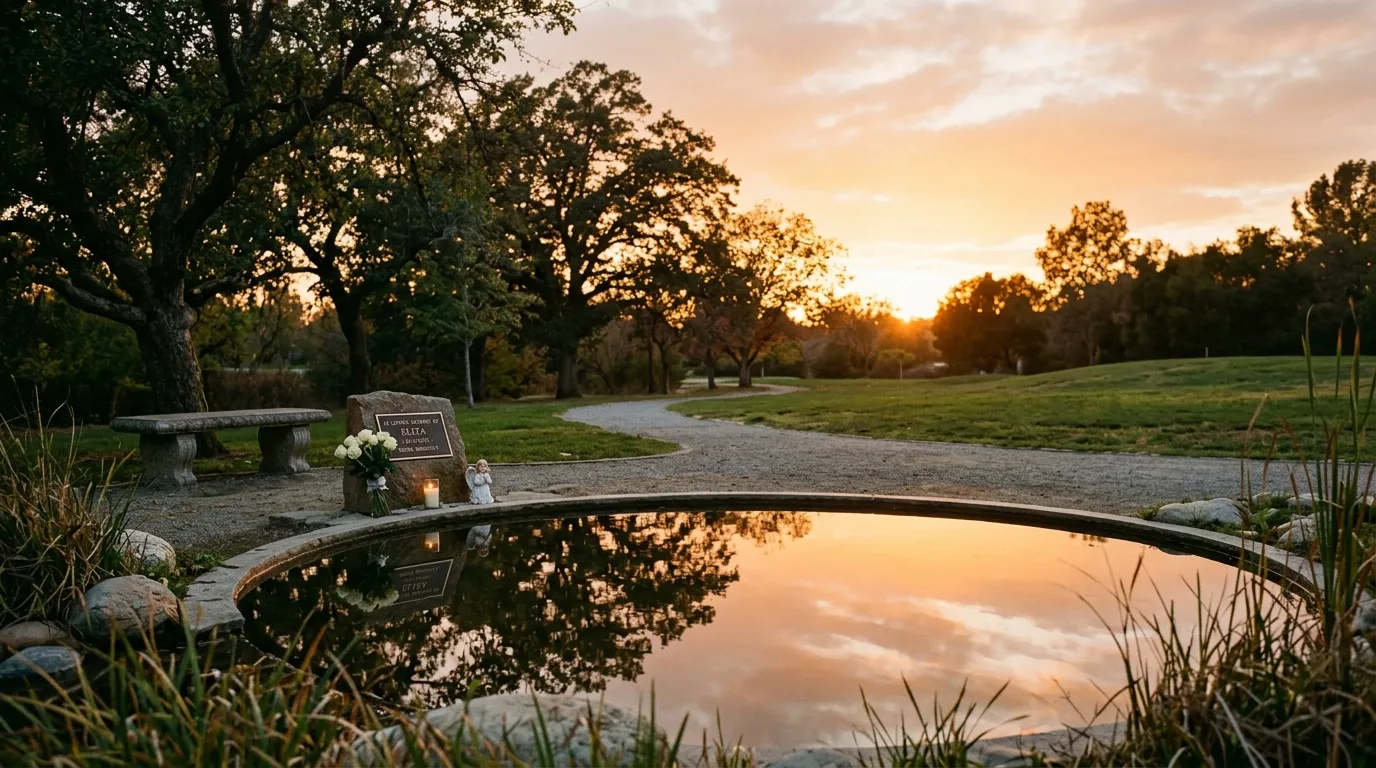 A serene sunset casting a golden glow over a quiet park landscape with a gentle water feature.