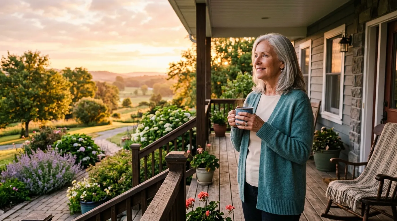 An older woman standing on a porch with a cup of tea, looking peaceful and hopeful.