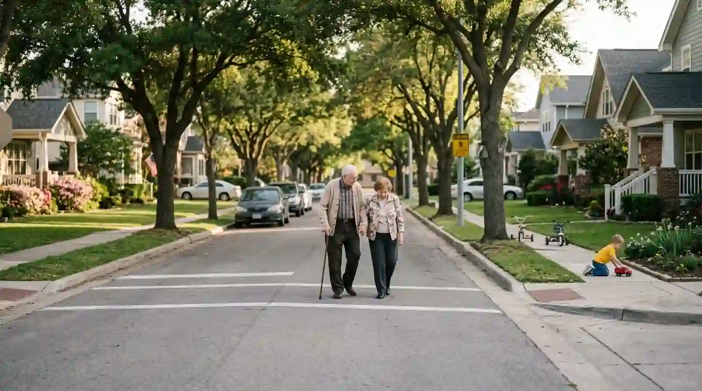 Peaceful residential street with elderly couple walking and child playing