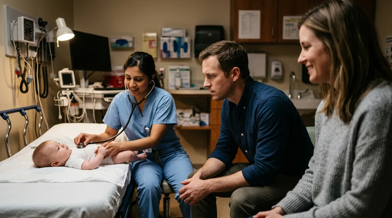 A father listening intently to a pediatric resident examining his baby in an emergency room