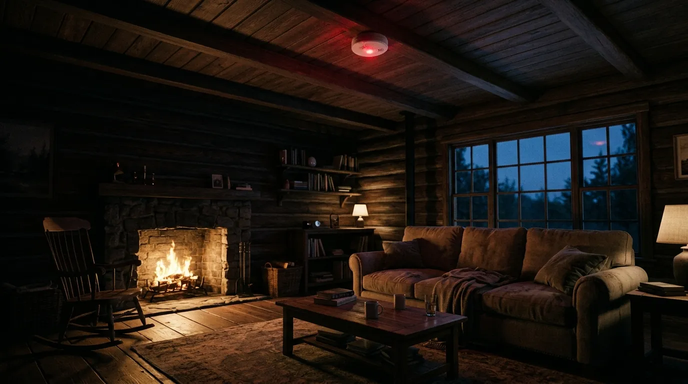 A cozy cabin living room with a smoke detector on the ceiling emitting a faint red blink.