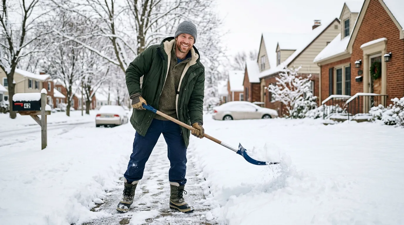 A friendly man shoveling snow from a suburban sidewalk with a warm smile.