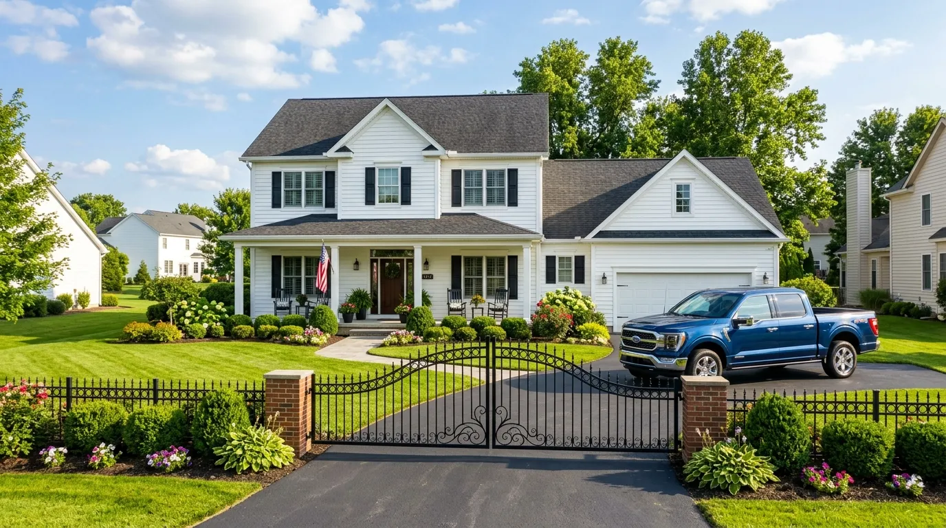 A pristine two-story white house with a grand iron gate and a shiny new truck in the driveway