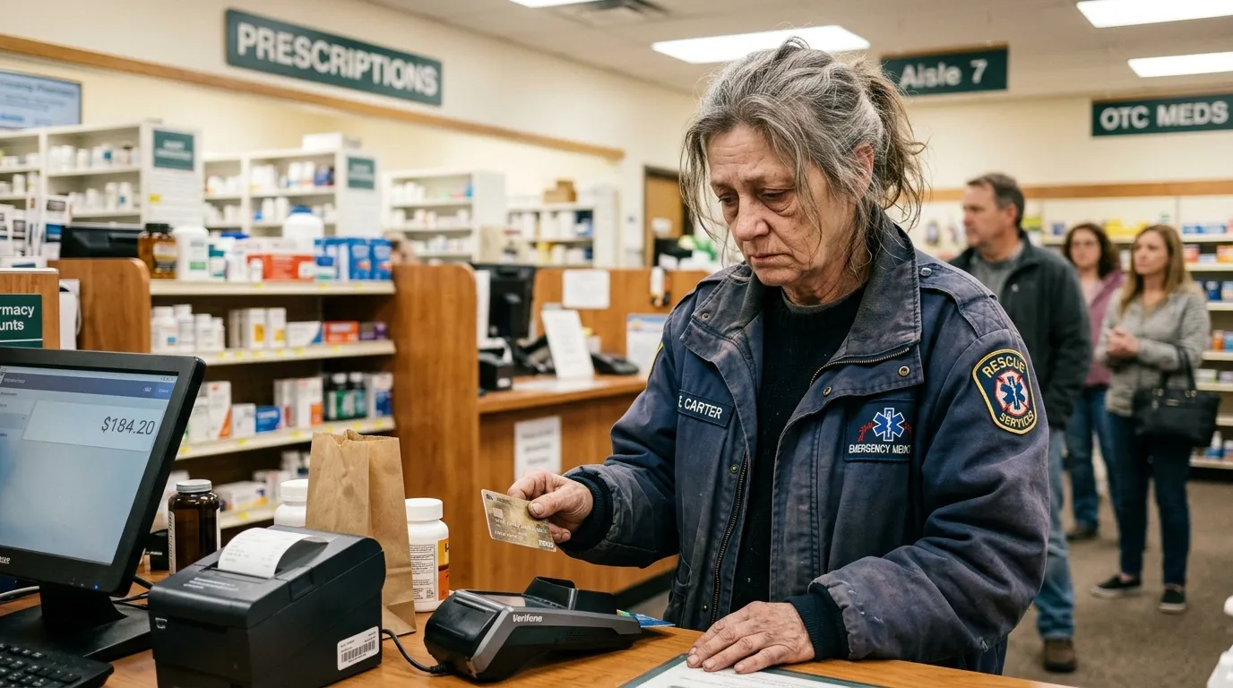 An exhausted older woman in a faded rescue jacket standing at a bright pharmacy counter