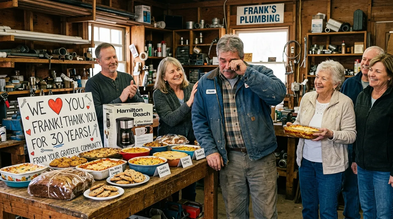 Plumber standing in shock at a workbench covered in food and a thank you sign