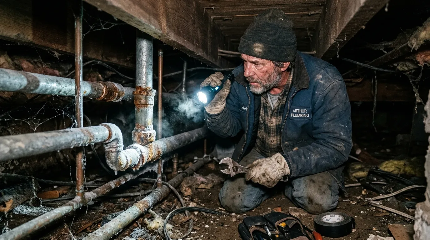 Plumber examining corroded pipes in a freezing crawlspace
