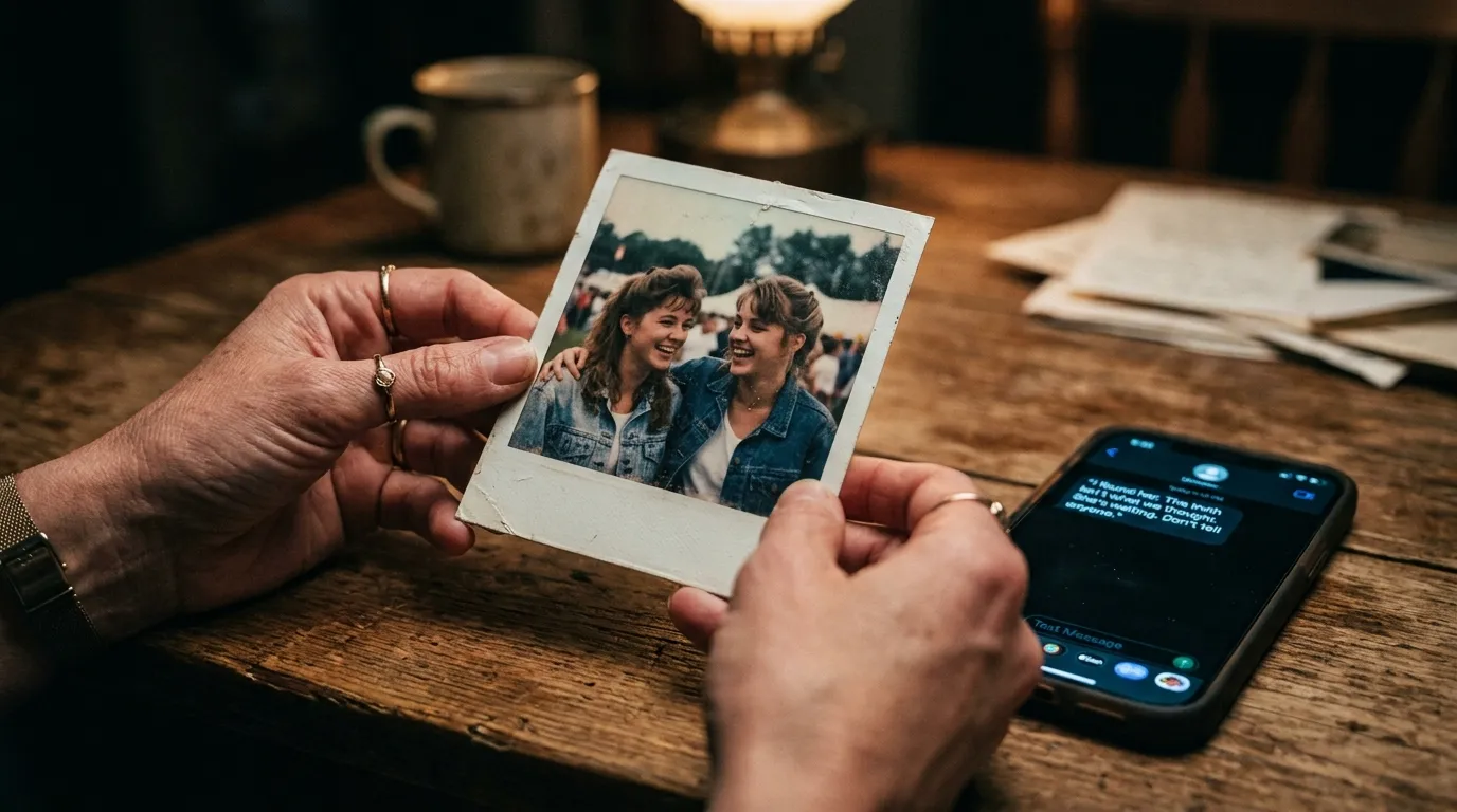 Close-up of a woman's hands holding a faded 1992 polaroid photo of two young women smiling, with a glowing smartphone displaying a cryptic text message beside it.