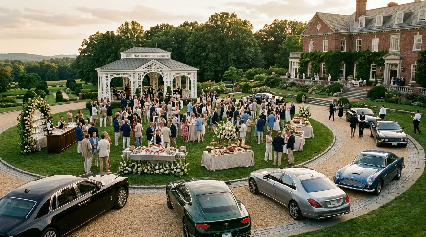 A lavish outdoor garden party at a sprawling estate with luxury cars and elegant decorations