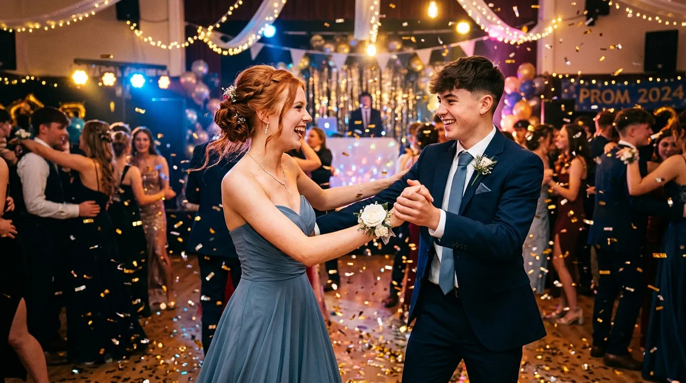 A teenage girl in a dusty steel blue dress dancing with her date at prom