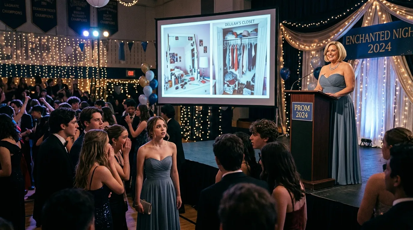 A stunned blonde woman on a prom stage with a projector screen behind her