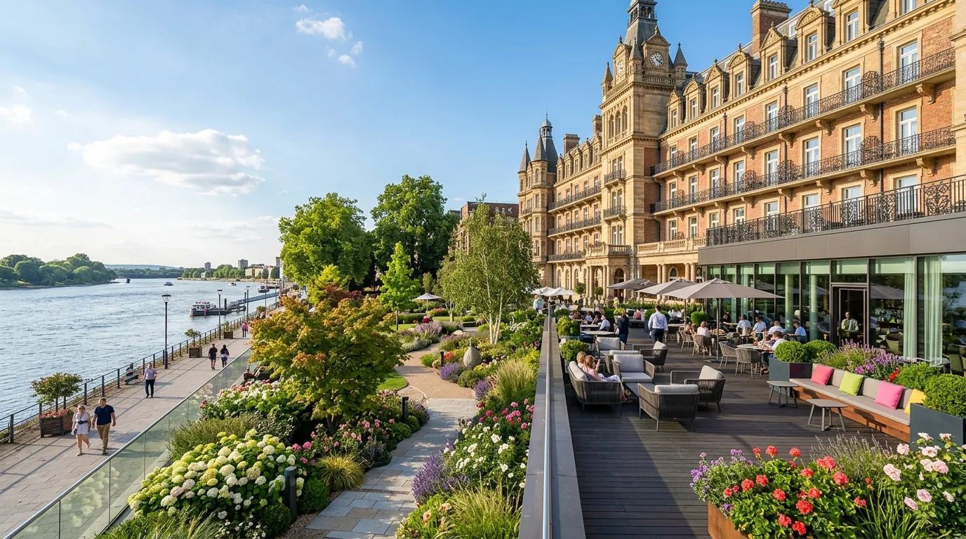 A serene, sunny public riverfront garden with green trees and flowers near a hotel