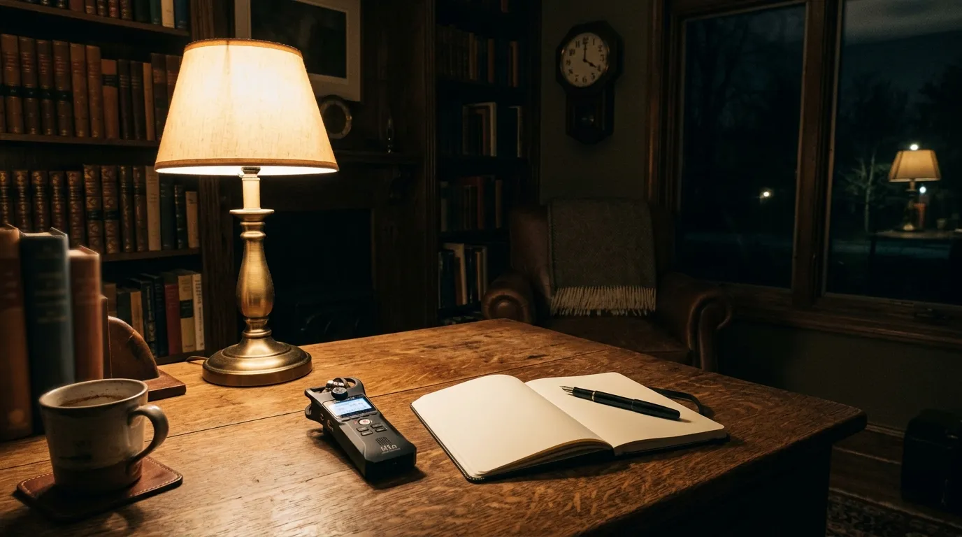 A dimly lit study at 4 AM with a digital audio recorder on a wooden desk