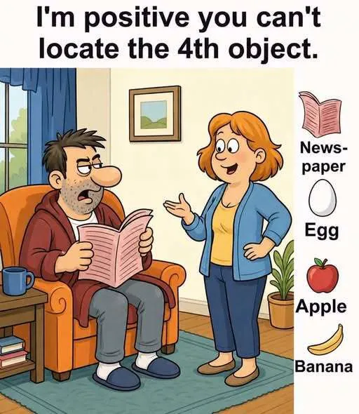 Cartoon of a woman with wavy orange hair hiding a banana and a grumpy bearded man in an armchair