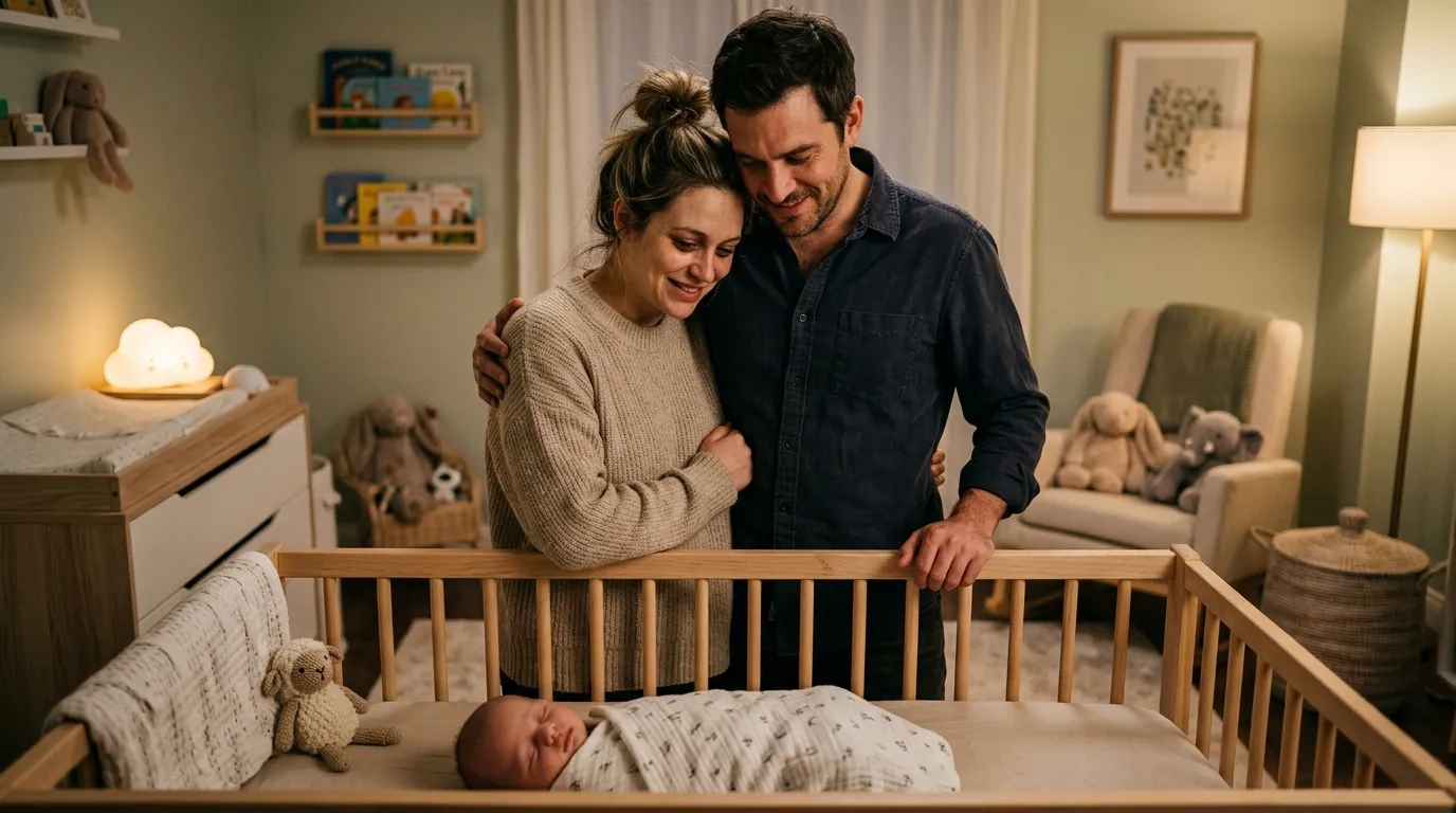 Rachel and Ethan looking lovingly at their newborn baby June in a softly lit nursery