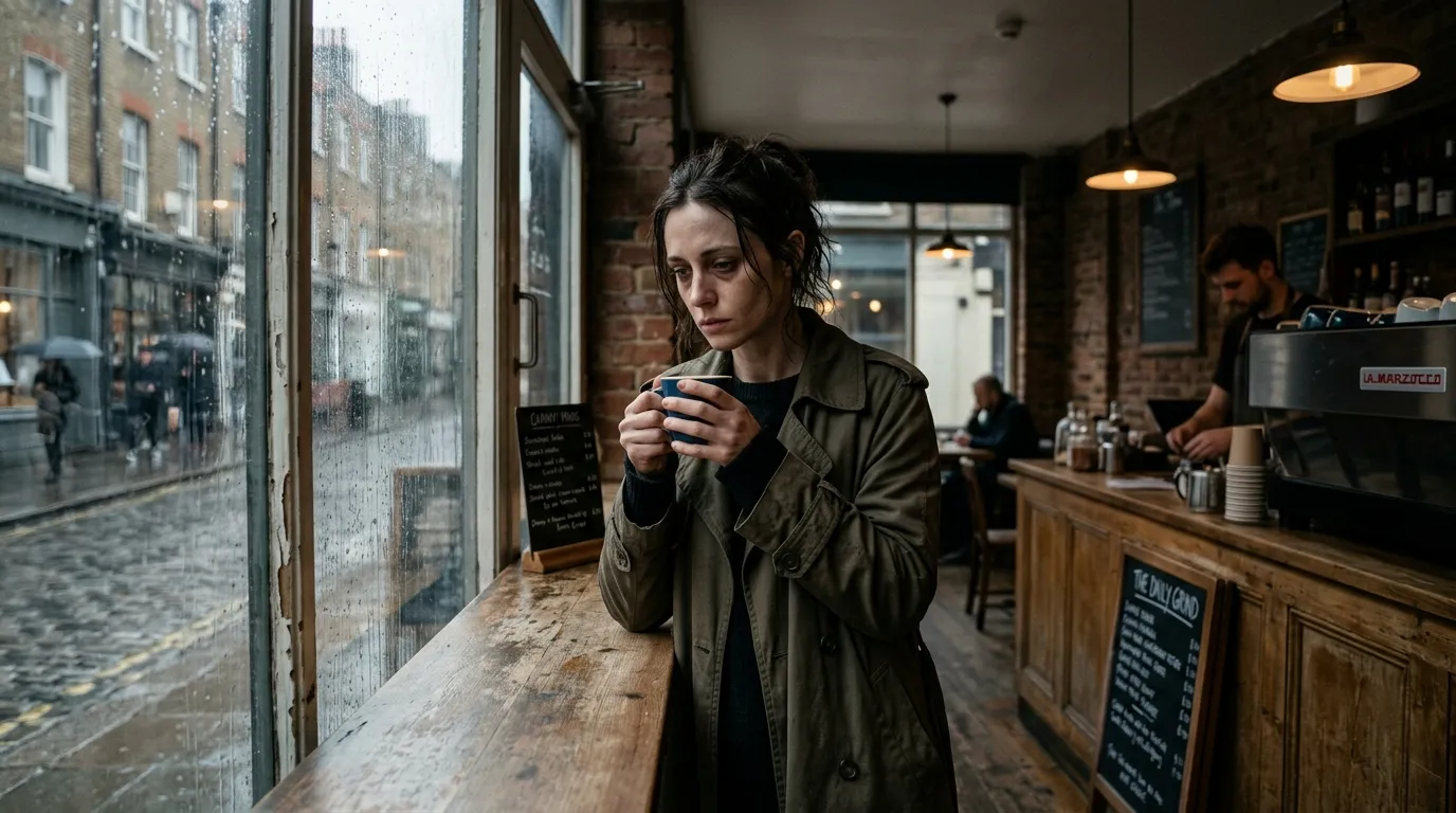 An exhausted-looking woman standing in a coffee shop with rain streaking the windows.
