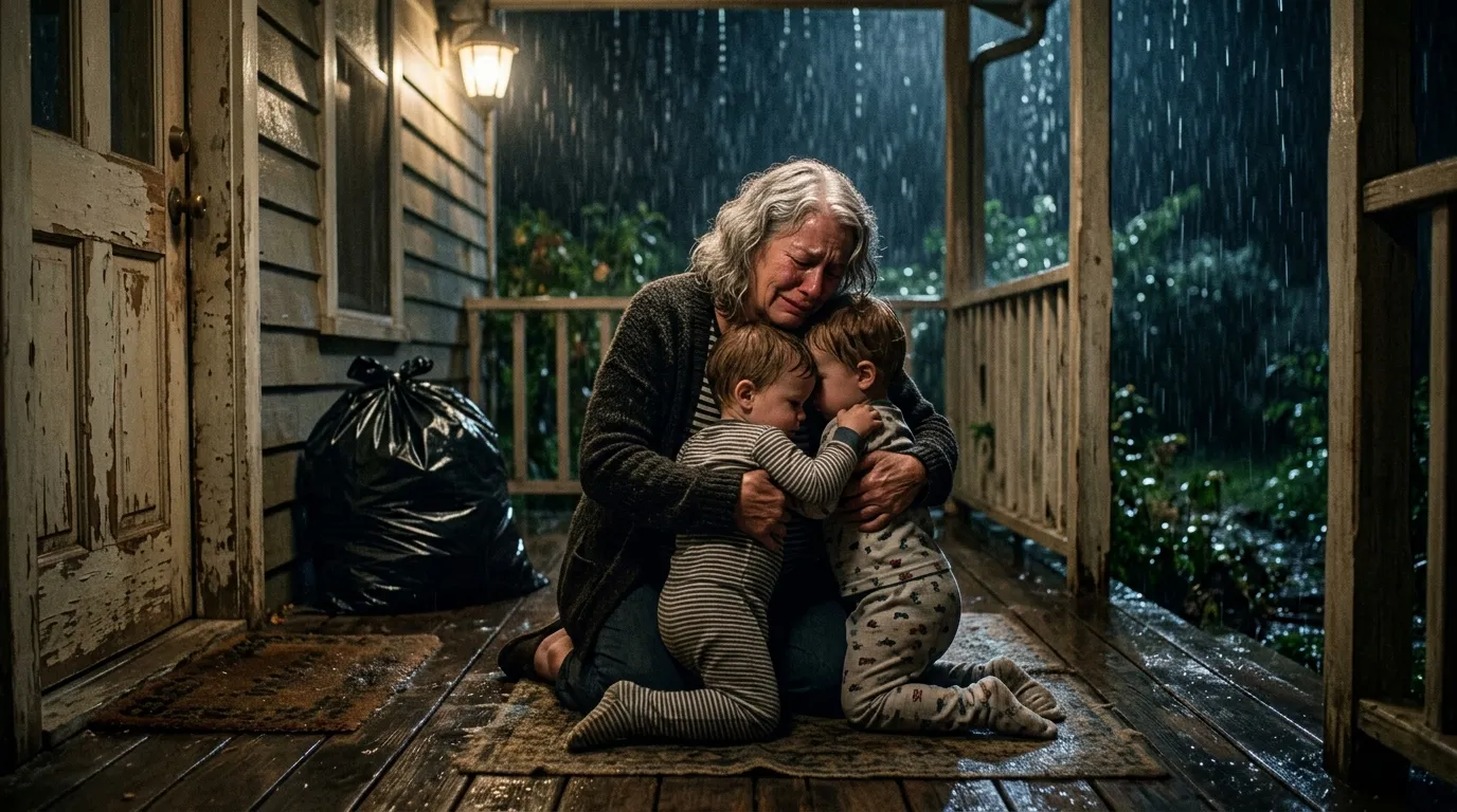 Grandmother hugging two toddlers on a rainy porch