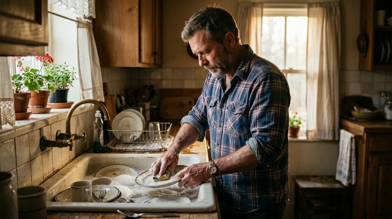 Middle-aged man washing breakfast dishes at a sunny kitchen sink with sleeves rolled up