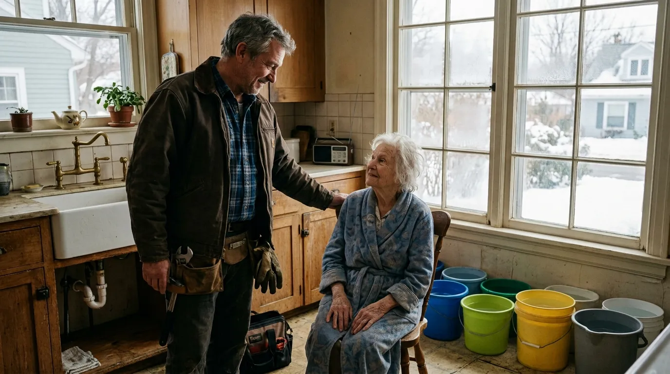 Plumber looking sympathetically at an elderly woman with water buckets