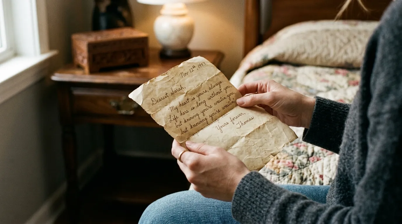 Close up of a woman's hands reading an old letter next to a wooden box