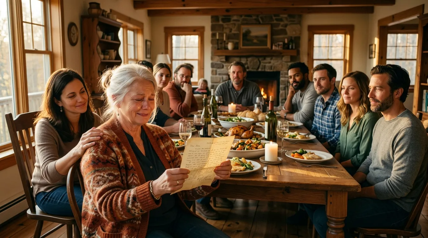 An older woman sits at a large dining table surrounded by her adult children, reading a letter with tears in her eyes but a peaceful smile on her face.
