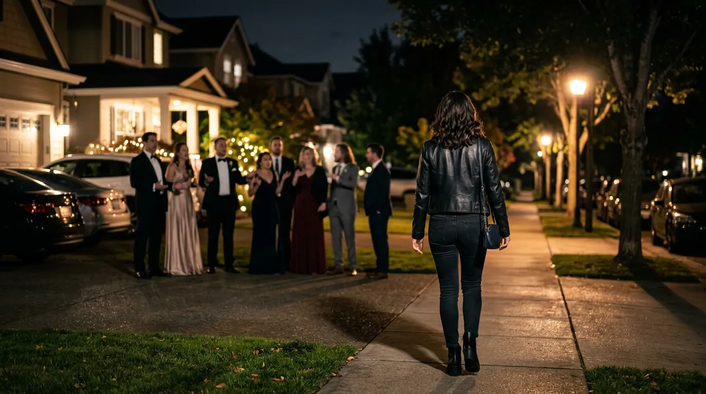 A confident woman walking away from a stunned crowd at night.