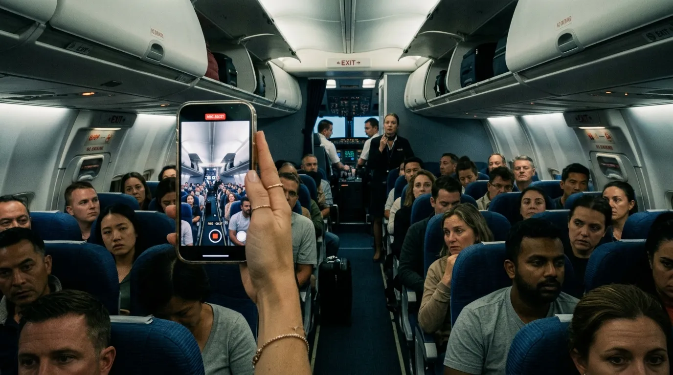 A woman's hand holding a smartphone, recording an airplane cabin during an announcement