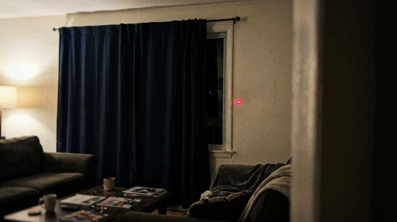 A grainy photo showing a faint red laser dot glowing on a wall behind a curtain.