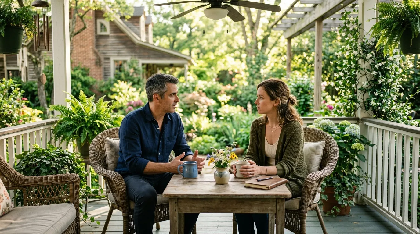A handsome 40-year-old man and a 36-year-old woman having an earnest conversation on a beautiful southern back porch with morning coffee.