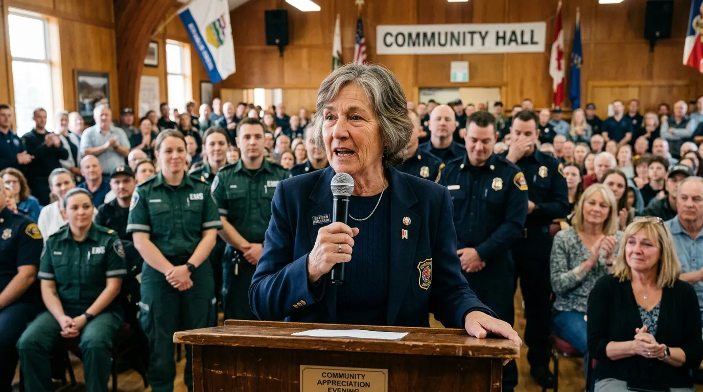 An older female retired rescuer speaking confidently at a wooden podium to a crowd