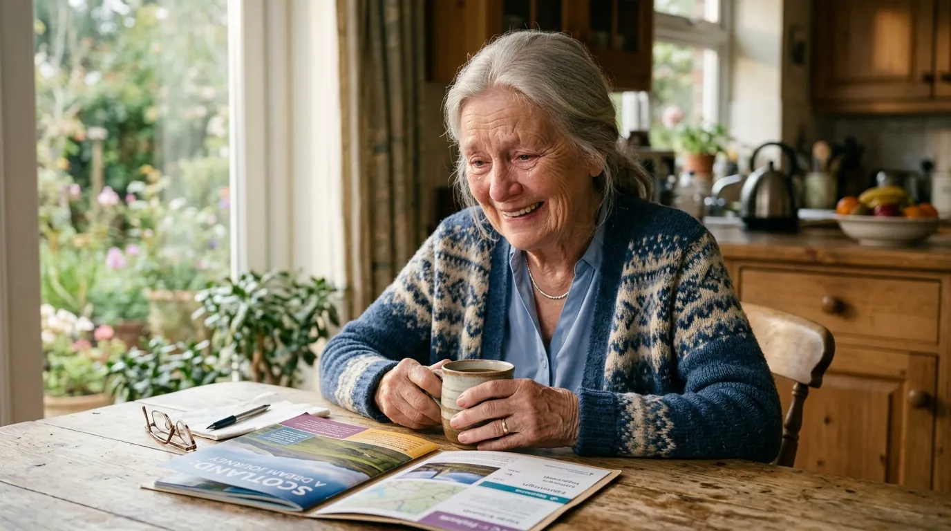 An 86-year-old woman sitting at a rustic kitchen table, holding a coffee mug and smiling with happy tears.