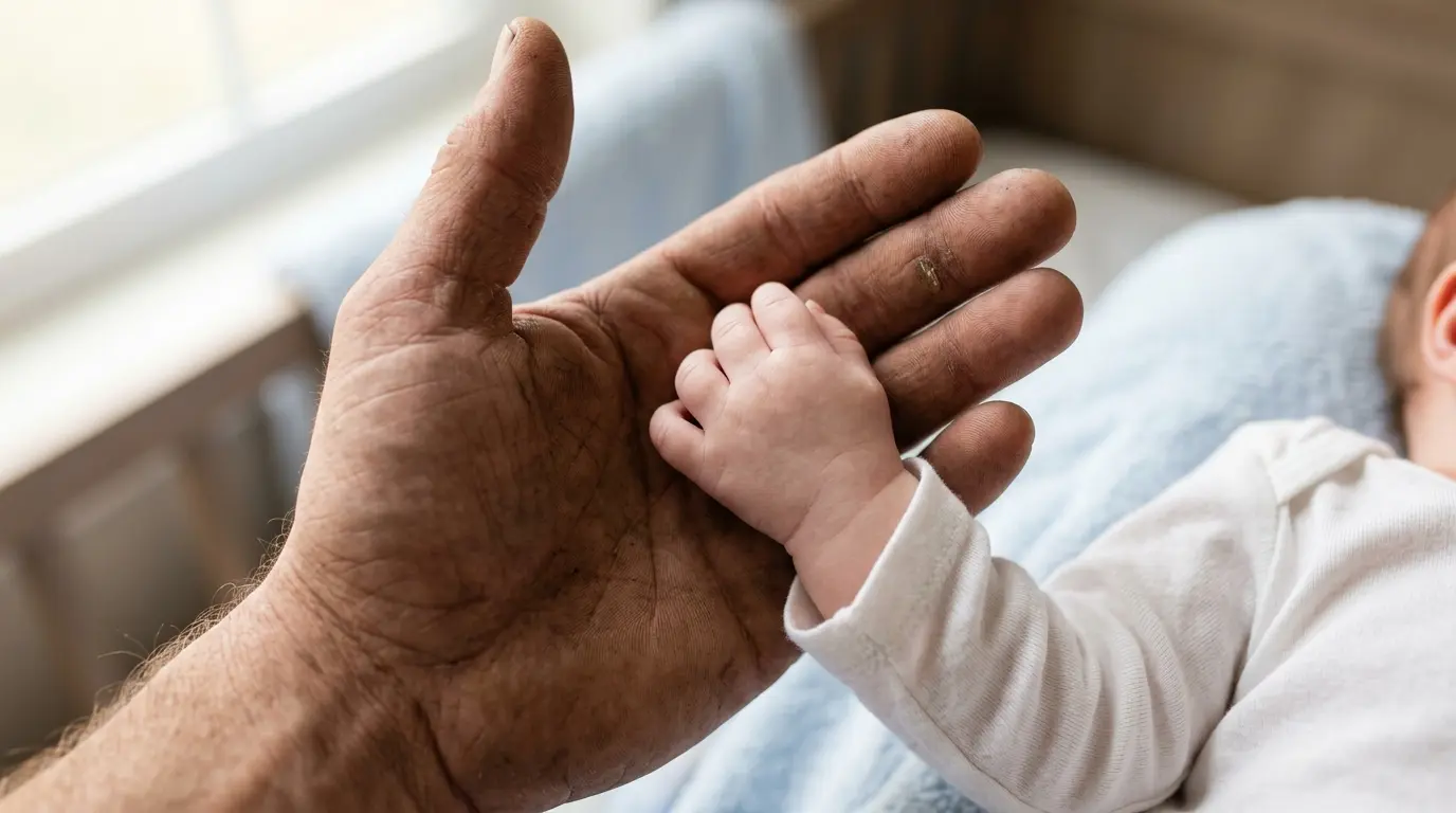 A rough, calloused adult hand gently holding the soft, clean hand of a sleeping baby