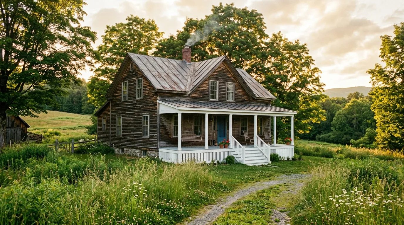 An old, rustic wooden farmhouse surrounded by large trees and warm afternoon sunlight