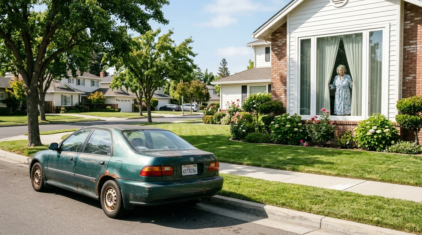 Old green Honda parked in front of a suburban house with a woman glaring out the window