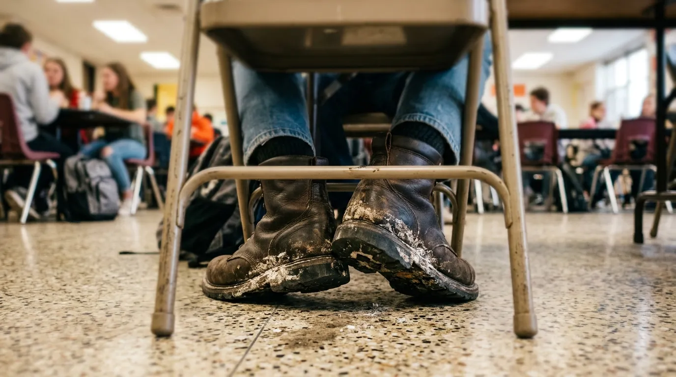 Worn leather work boots tucked under a folding chair in a cafeteria