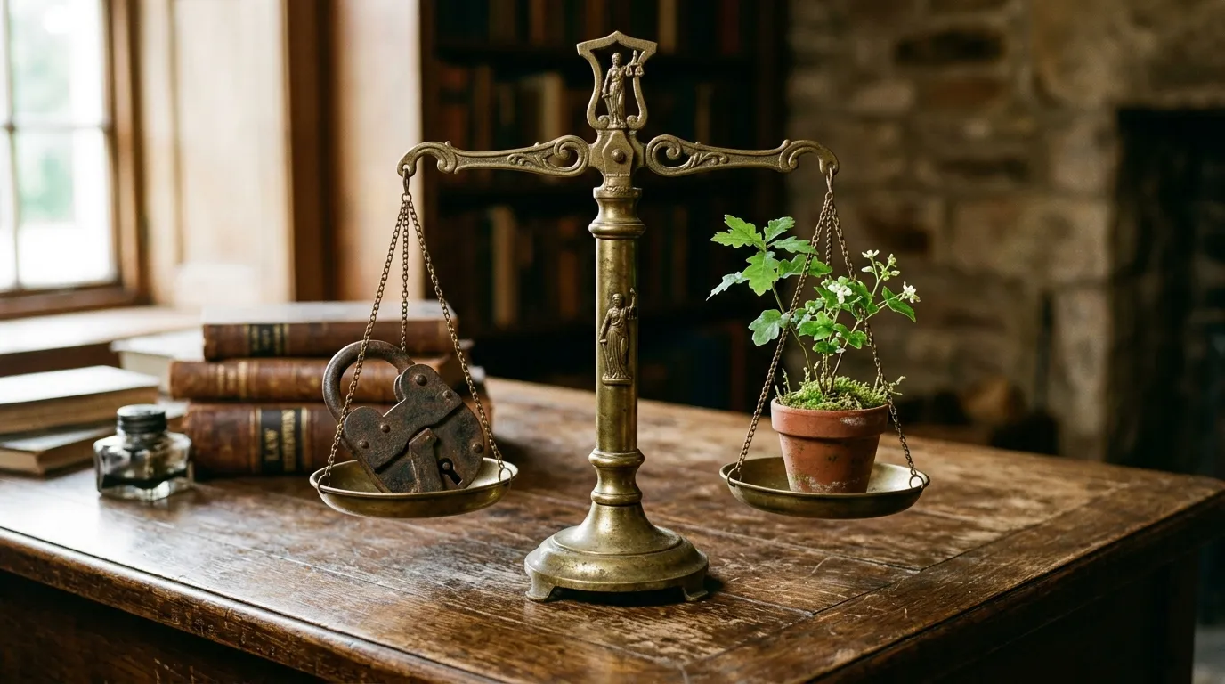 Antique scale of justice balancing a heavy iron padlock and a blooming green plant