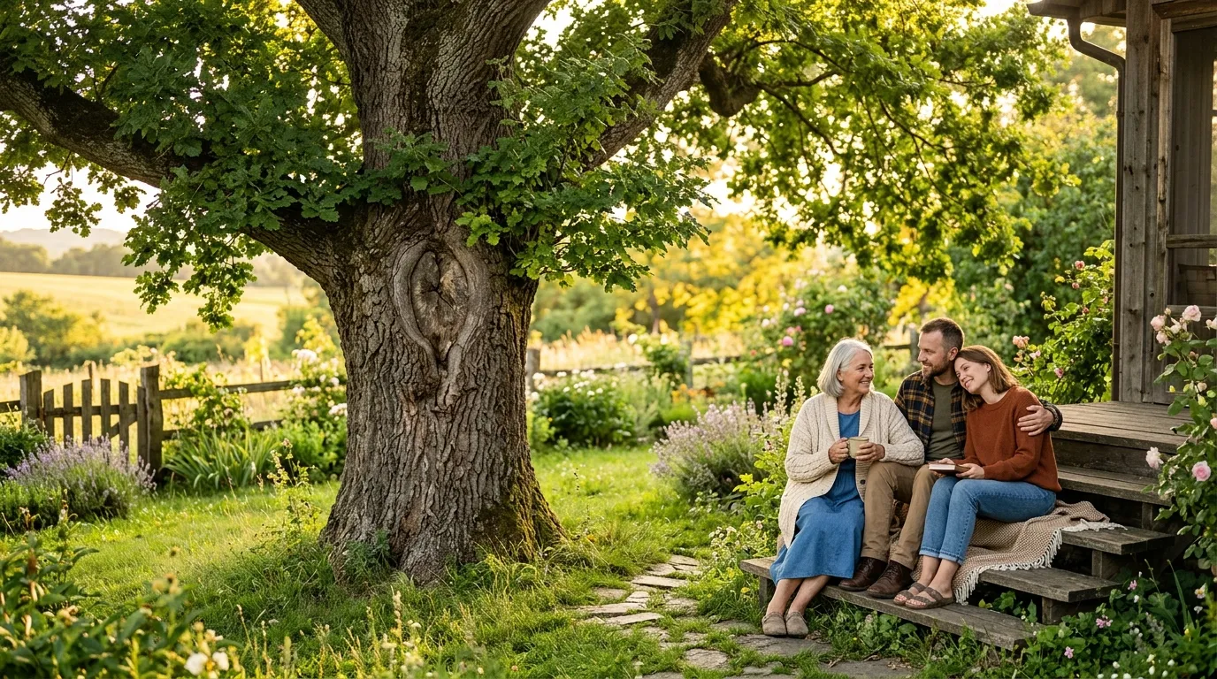 A family sitting peacefully under a large, scarred oak tree in a sunlit backyard