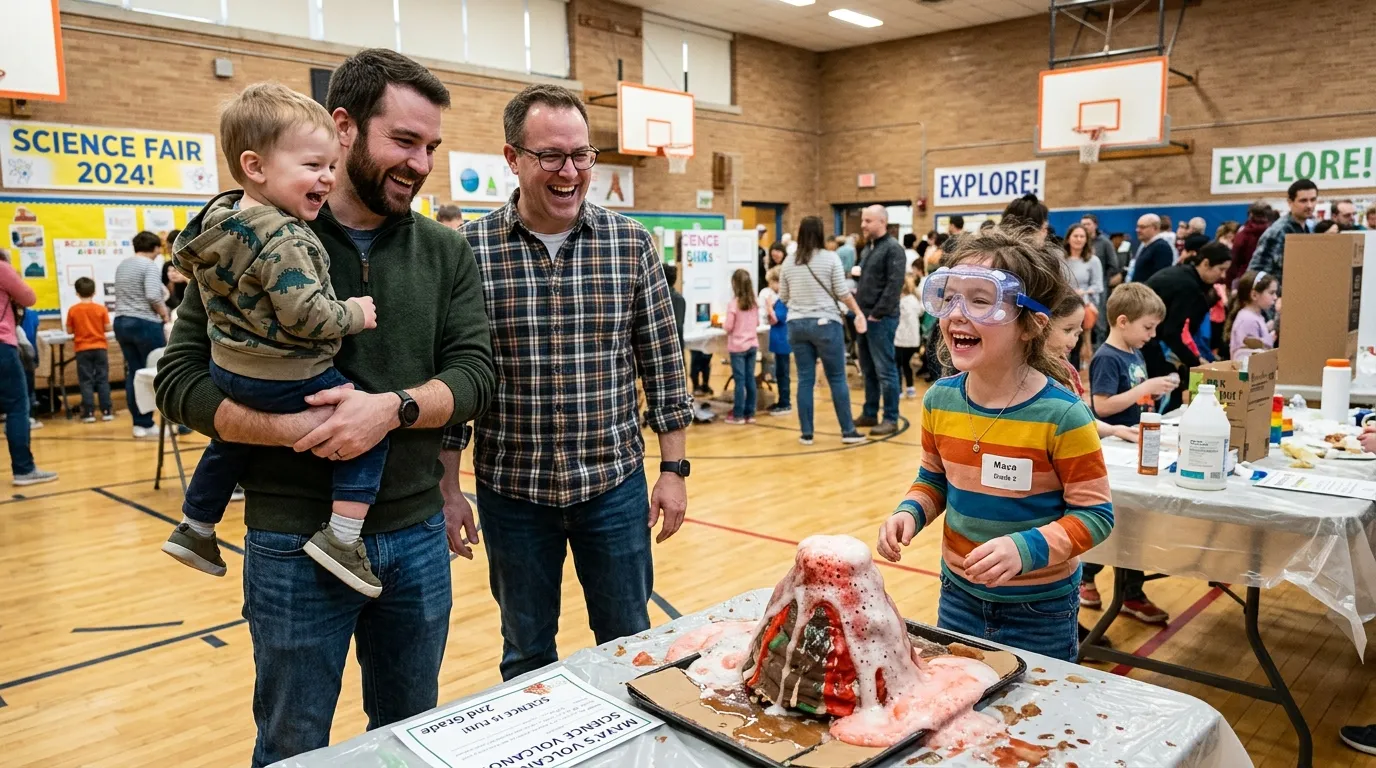 A smiling young girl in safety goggles next to a science fair volcano, with two proud fathers beside her.