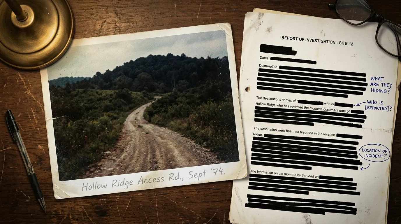 A vintage photograph of a dark dirt road beside heavily redacted legal documents.