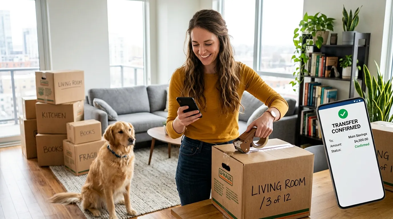 A young woman smiling confidently while packing a cardboard box in her condo, her golden retriever sitting nearby, with a smartphone displaying a bank transfer confirmation.