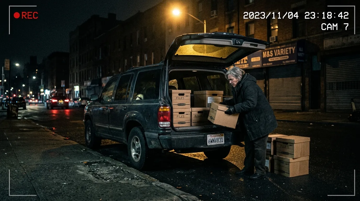 Security camera view of a woman loading boxes into an SUV at night