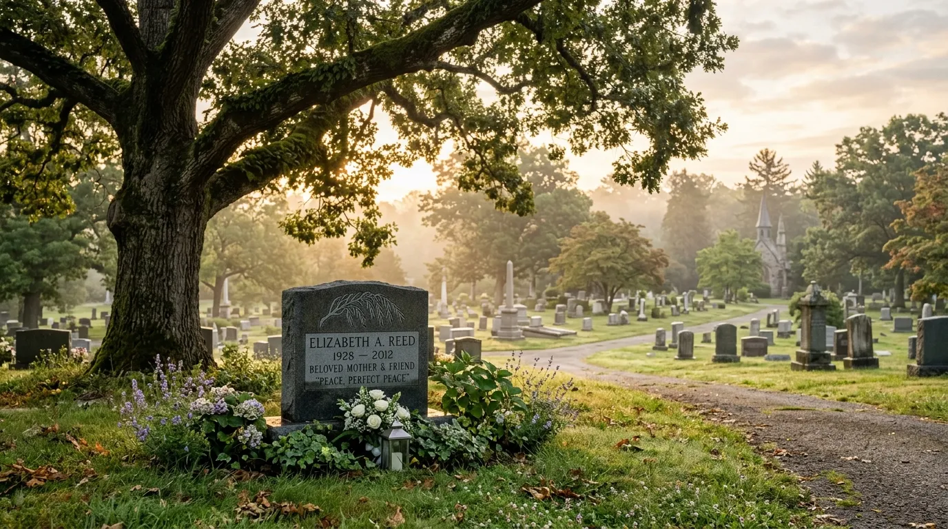 A peaceful, softly lit cemetery in the early morning with a traditional granite headstone in the foreground.