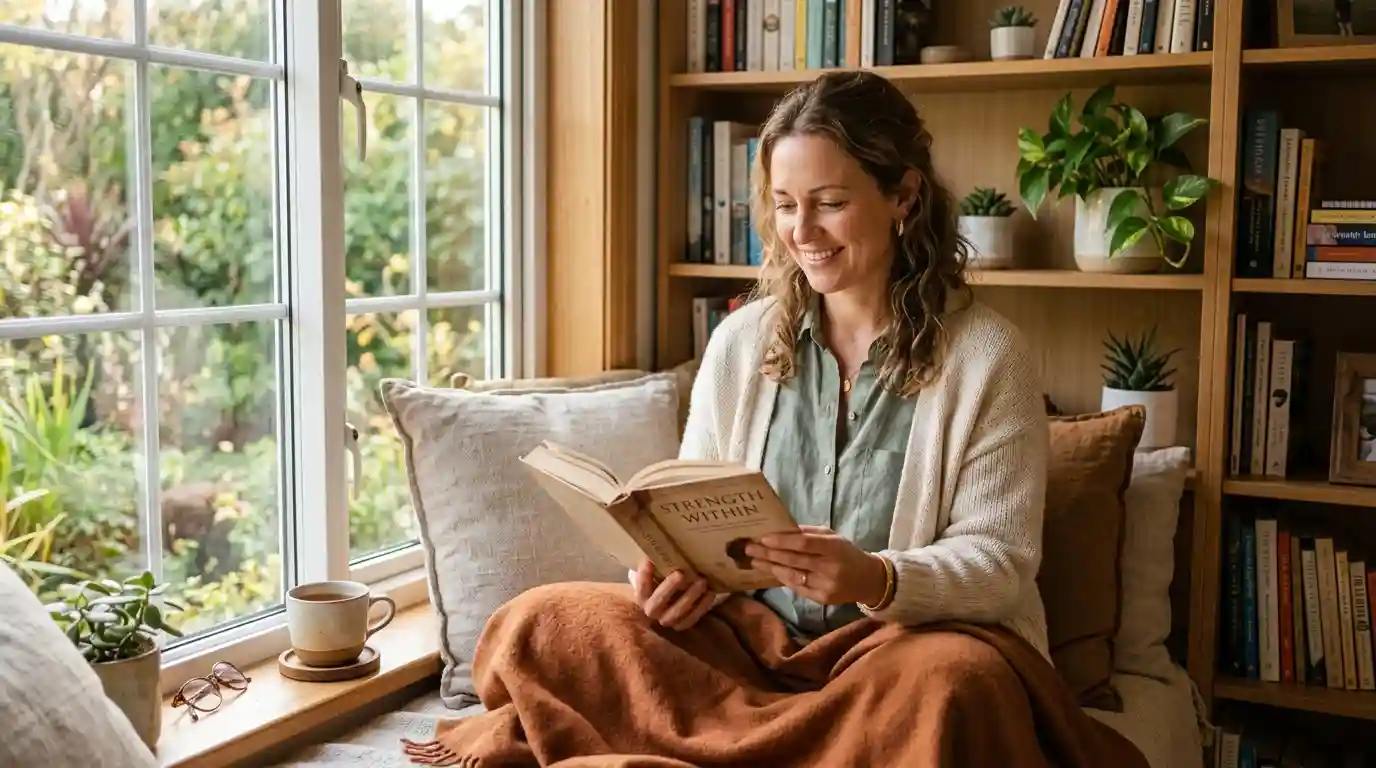 A serene and confident woman smiling softly while reading a book in a sunlit room