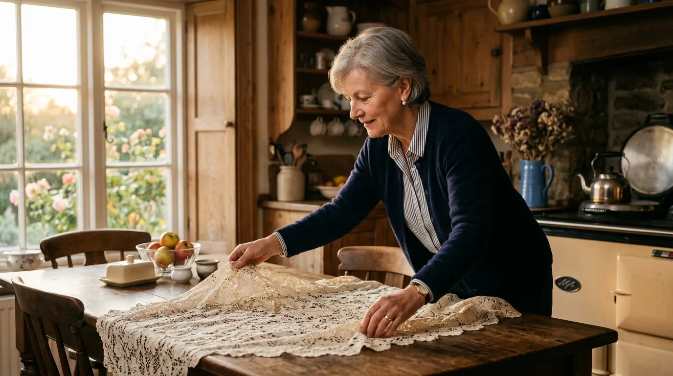 Linda Parker setting a beautiful lace tablecloth on her dining table in the early morning light.