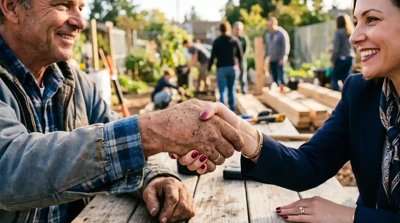 Two people shaking hands, one with a flawless manicure and one with deeply calloused, stained hands