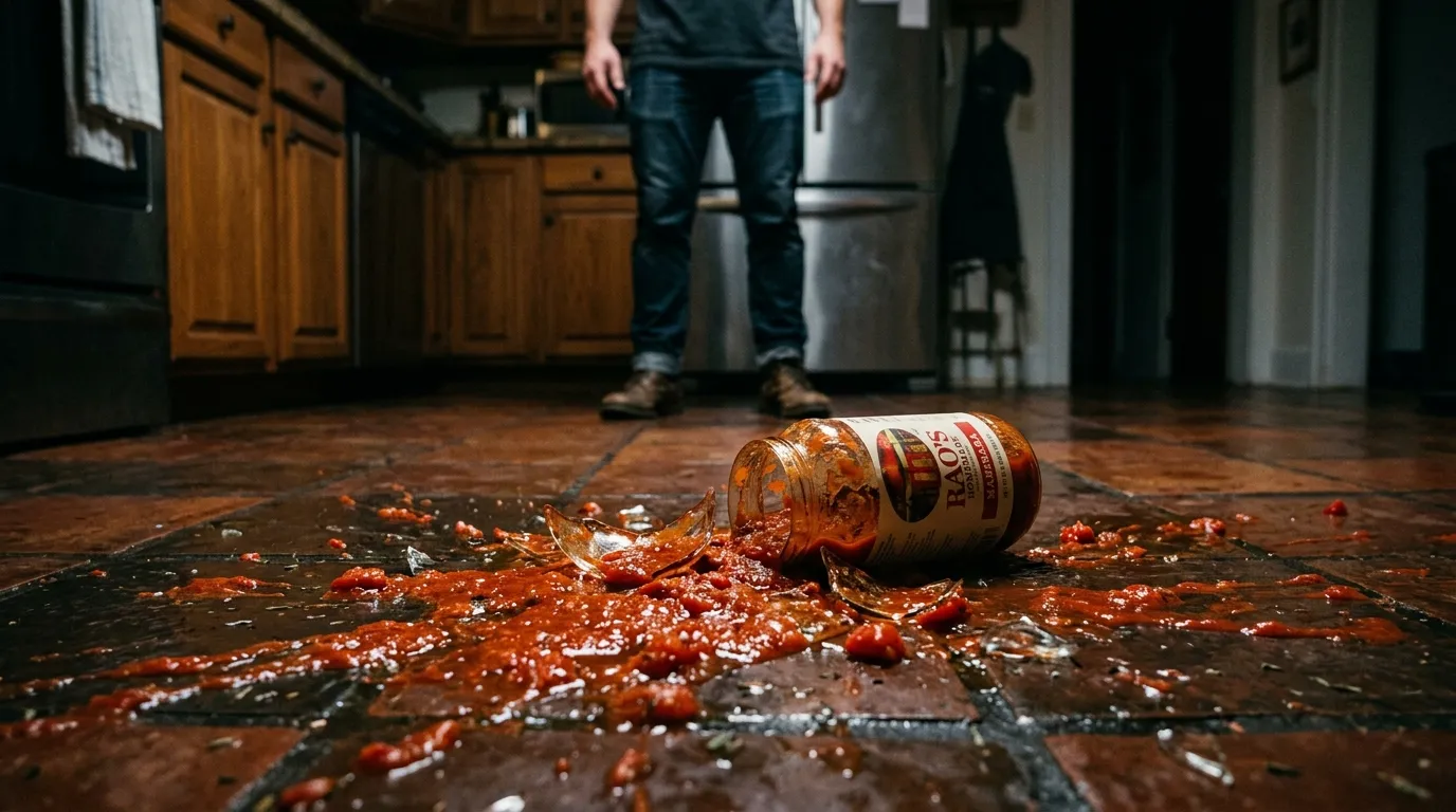 Shattered glass jar of pasta sauce on a tiled floor with red sauce spilled