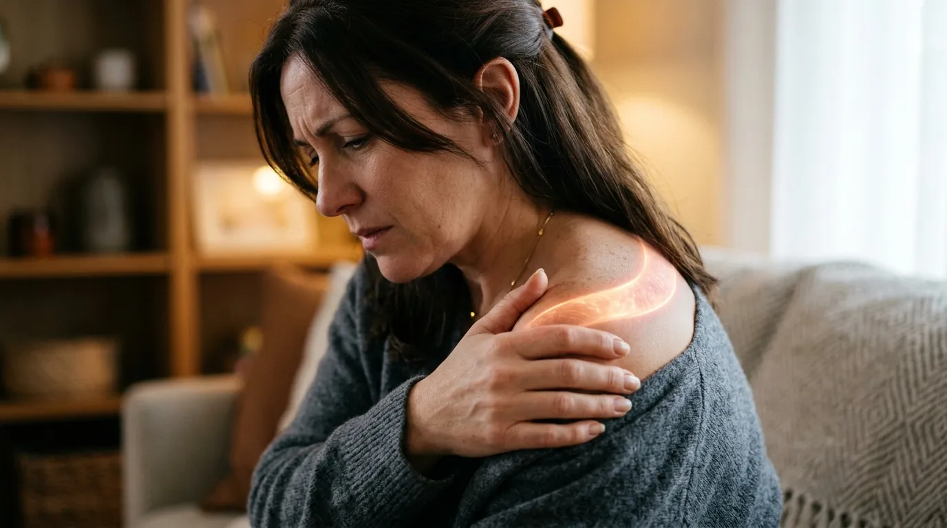 Person holding their shoulder in discomfort with a visual representation of localized pain