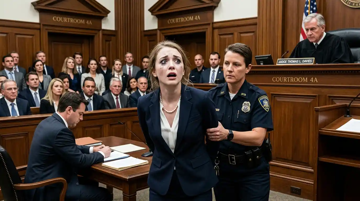 Wealthy young woman looking shocked and terrified in court as bailiff approaches