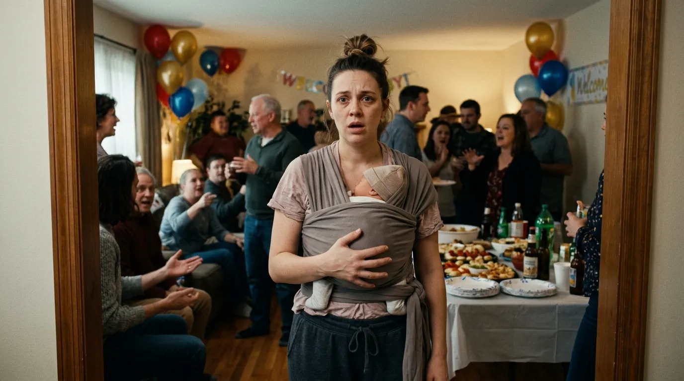 A distressed new mother stands in the doorway holding a newborn baby, looking shocked at a crowded, noisy living room party.